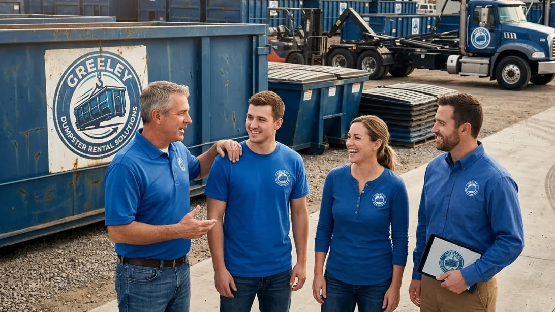 The Greeley Dumpster Rental Solutions crew talking through the day’s routes at the yard