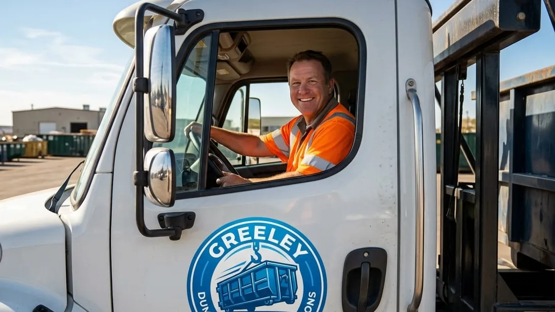A Greeley Dumpster Rental Solutions driver beside the roll-off truck fleet on 14th Avenue